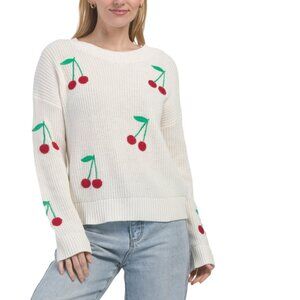 CYNTHIA ROWLEY Cherries Long Sleeve Crochet Cherries Pull Over Sweater
